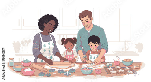 A family of four, an adult couple and two children, baking cookies together in a kitchen.