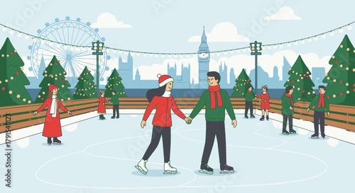 Ice skating rink with people in winter, London skyline in background.