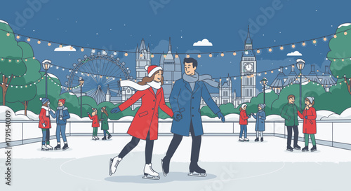 Illustrated couple ice skating hand in hand on a festive outdoor rink with the London skyline at night.