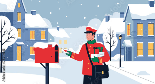A mailman in a red uniform delivering letters and packages to a red mailbox in a snowy winter town scene.