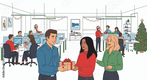 Illustration of office colleagues celebrating the Christmas holiday with a festive gift exchange party and decorations.