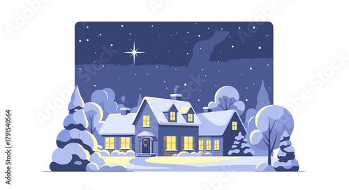 A cozy, snow-covered house glows warmly under a starry winter night sky.