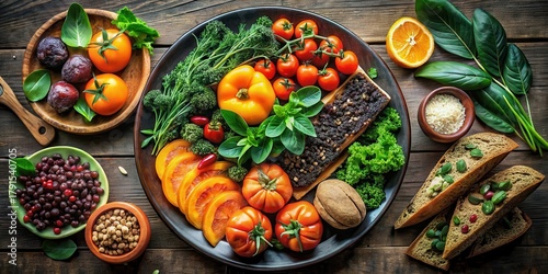 A vibrant array of colorful organic produce, including various fruits, vegetables, and nutritious grains, artfully arranged on a rustic wooden surface for a healthy and delicious meal.