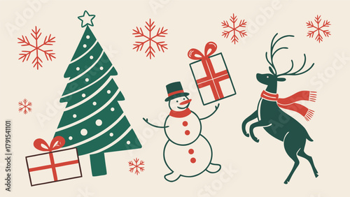 vector Christmas icon composition with mistletoe, Santa sleigh, moon and stars, candy cane swirl, decorative baubles, Christmas lights, stars, and holiday text elements arranged in a balanced layout