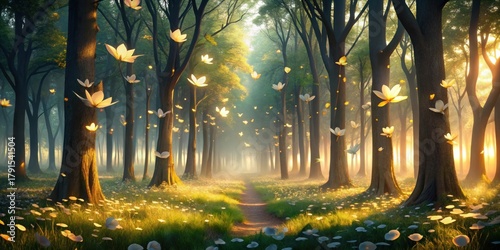Enchanted Forest Path Sunlight Illuminates a Mystical Woodland Trail, Adorned with Glowing Petals Floating Amongst Tall Trees