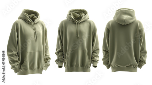 Olive green hoodie mockup shown from three angles with soft fabric folds and realistic texture