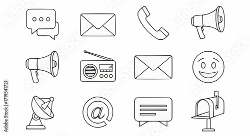 Collection of communication icons in a hand-drawn sketch style.