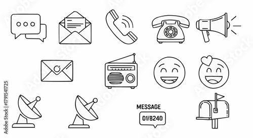 Hand drawn communication and message icons set in doodle style.