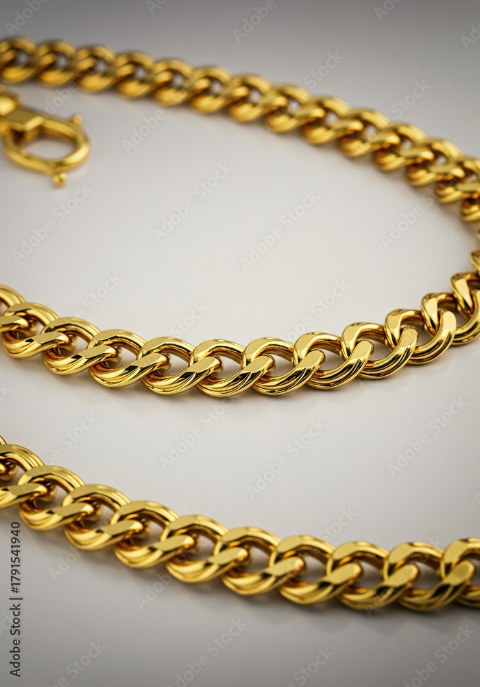 Obraz premium A close-up view capturing the intricate links of a lustrous yellow gold chain necklace, emphasizing texture and precious metal luxury ,metal ,shiny ,opulent