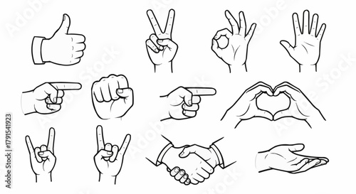 Hand gestures collection showing various expressions and meanings in line art.