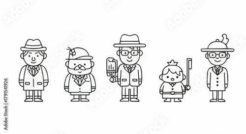 Diverse Group of Cartoon Characters in Various Outfits and Hats.