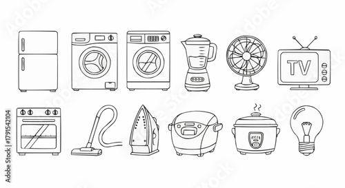 Collection of household appliances and electronics in line art style.