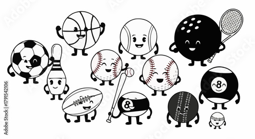 Collection of Cute Cartoon Sports Balls and Equipment with Faces.