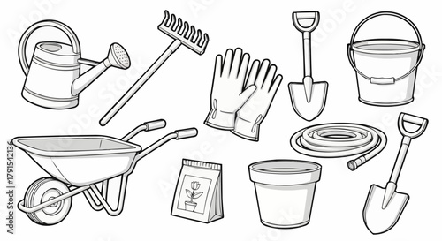 Hand Drawn Garden Tools Collection in Black and White.