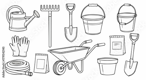 Gardening Tools Collection - Watering Can, Rake, Shovels, Buckets, Gloves, Wheelbarrow, and More.