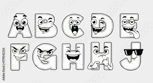 Cartoon Alphabet Letters with Facial Expressions and Emotions.