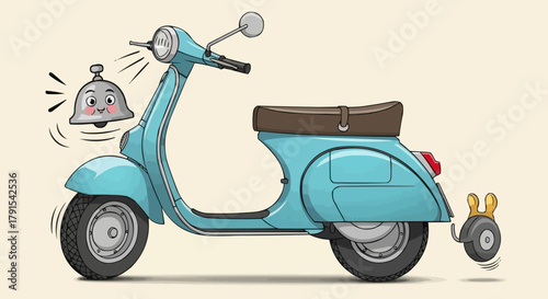 Vintage Blue Scooter with Ringing Bell and Detached Wheel.