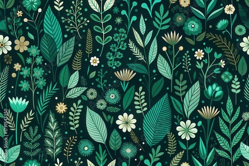 Seamless Pattern of Lush Green Foliage and Delicate Blooms, a Vibrant Botanical Design Ideal for Textile Prints and Decorative Applications