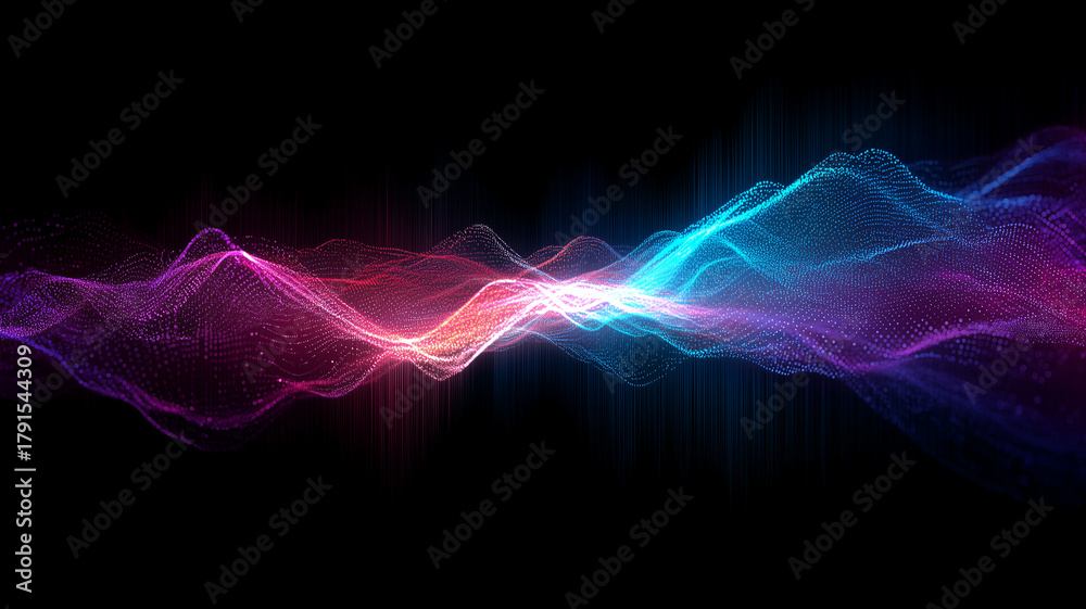 Fototapeta premium Dynamic data wave made of particles representing sound analysis, signal processing and digital flow. 
