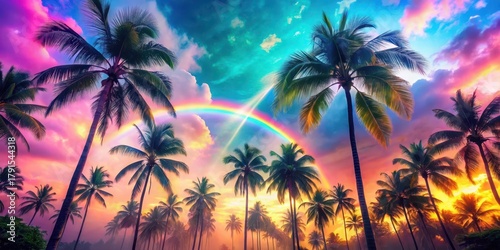 Tropical Paradise Vibrant Sunset with a Double Rainbow Arcing Over Silhouetted Palm Trees