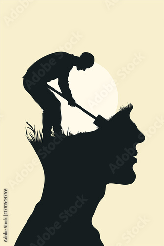 Surreal illustration of a man digging inside a human head silhouette, symbolizing self-discovery, inner exploration, and uncovering hidden thoughts within the mind’s subconscious layers.