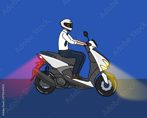 台湾夜の街を走るスクーターとサラリーマンのイラスト　バイク通勤風景　Business Man Riding Scooter at Night Illustration