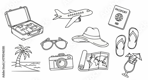 Collection of Travel Essentials and Vacation Items for a Holiday Trip.