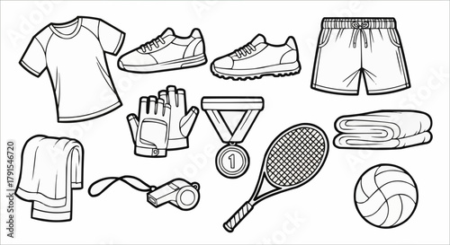 Hand drawn sketch collection of various sports equipment icons.