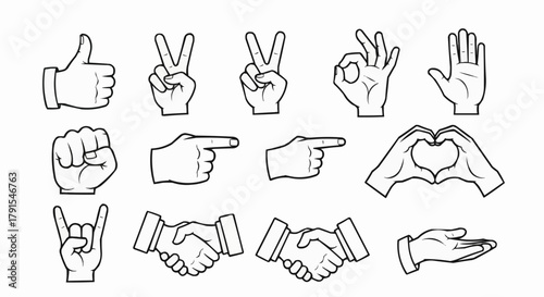 Hand gestures set line art style isolated on white background.