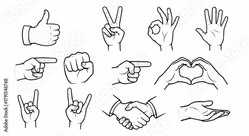 Hand gestures collection showing various expressions and meanings in line art.