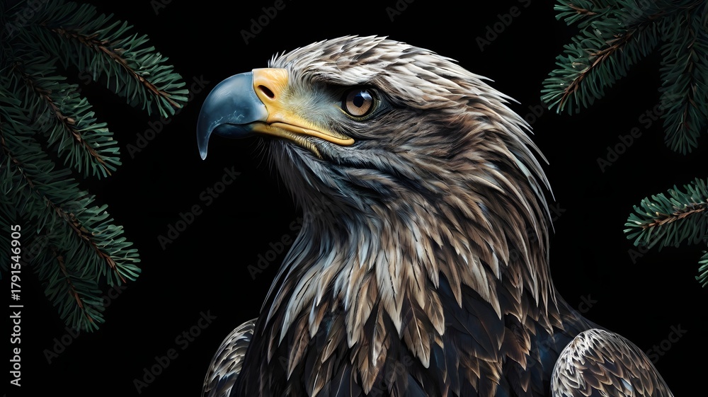 Fototapeta premium Majestic Bald Eagle Portrait with Green Pine Branches on Black Background
