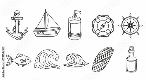 Nautical and marine themed hand drawn doodle collection.
