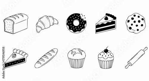Hand Drawn Bakery and Pastry Doodle Icon Set.