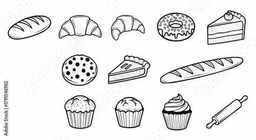 Delicious Assortment of Hand-Drawn Bakery Goods and Pastries.