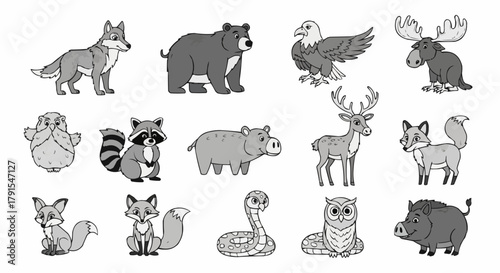 Collection of wild forest animals in a hand drawn sketch style.