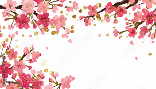 Flores de cerejeira rosa com pétalas caindo e detalhes dourados em vetor