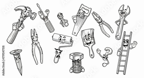 Cartoon Tools with Faces - Hammer, Screwdriver, Saw, Pliers, Wrench, Ladder.