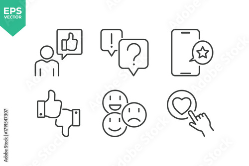 Set Of Feedback Line Icons. Set contains such icons as Feedback, Rating, Like, Dislike, Comment, and more.