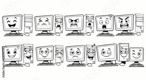 Cartoon computers with various facial expressions and emotions displayed.