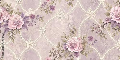 Elegant Lavender Floral Pattern with Delicate Lace Accents A Seamless Textile Design