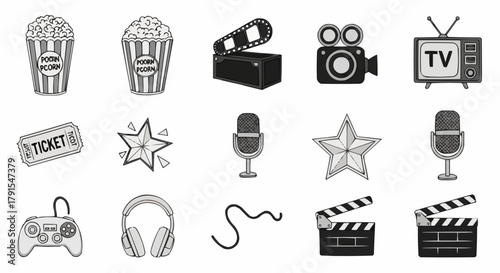 Hand drawn collection of cinema and entertainment icons.