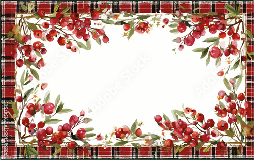 Moldura festiva em aquarela com bagas vermelhas e padrão xadrez escocês para design de Natal