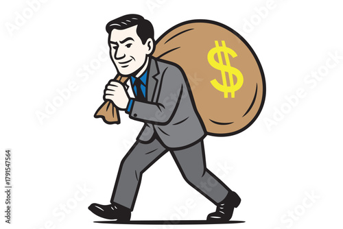 A vector illustration of a well dressed man in a suit carrying a brown sack filled with money, symbolizing corruption, greed, and unethical behavior in a clean conceptual style.