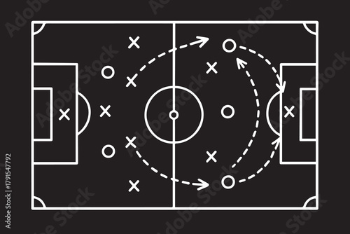 Minimalist black and white vector of a football strategy board with arrows and play lines, expressing teamwork, discipline, and thoughtful tactical organization.