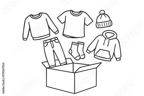 Black and white vector design of a cardboard box containing cozy sweaters and socks, drawn in clean lines to express kindness, warmth, and the spirit of giving.