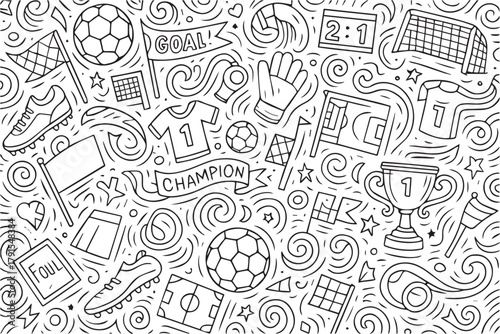 Vector background in monochrome featuring soccer balls, goals, and field icons, all illustrated with thick outlines and clean shapes, creating a simple yet energetic sports vibe.