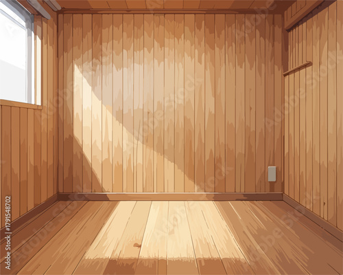 Vetor de interior de sala com paredes e piso de madeira, iluminada por luz natural.