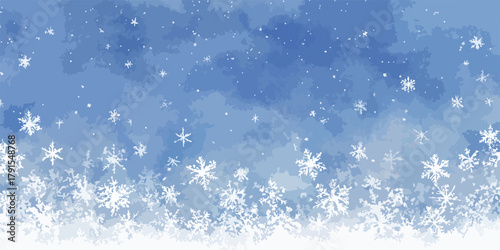 Fundo de vetor com flocos de neve brancos caindo em aquarela azul, padrão de inverno festivo.