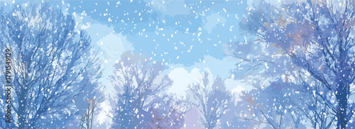 Paisagem de inverno com árvores cobertas de neve e flocos caindo suavemente no céu azul claro