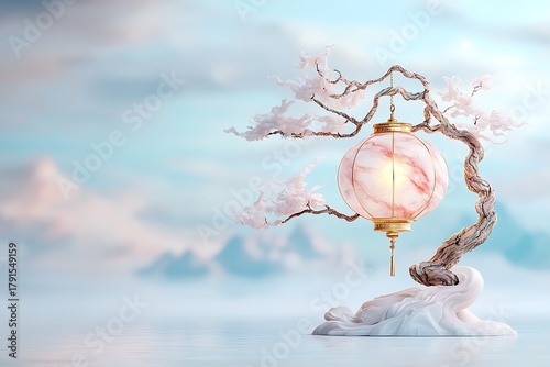 Elegant Lantern on a Delicate Tree Branch Against a Serene Background with Soft Colors